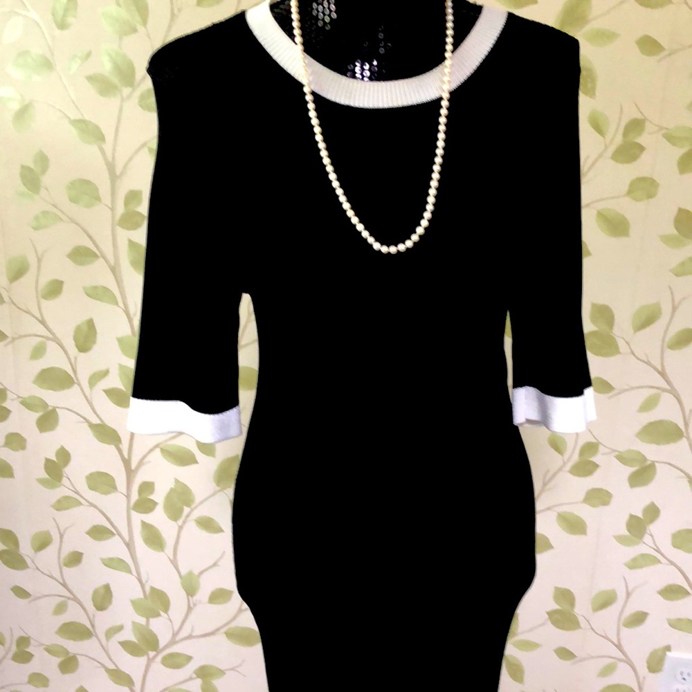 Philosophy brand black fitted dress with cable knit. White collar/sleeve detail.